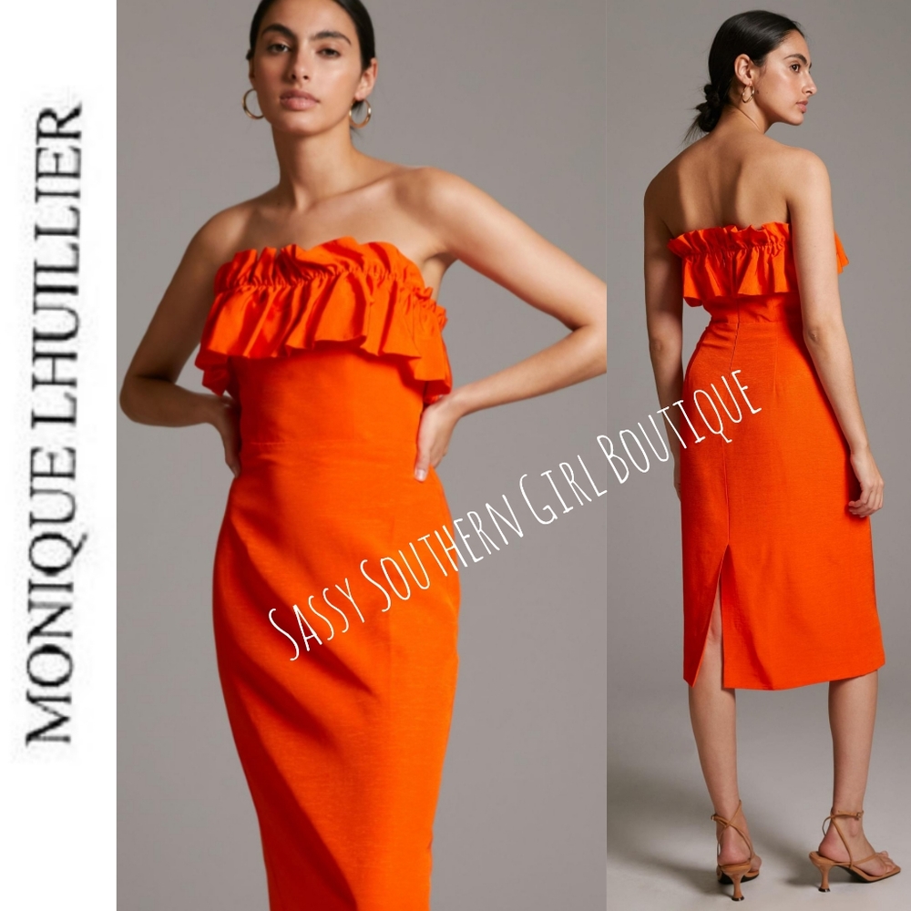 🆕⭐ Monique Lhuillier tangerine orange strapless midi dress